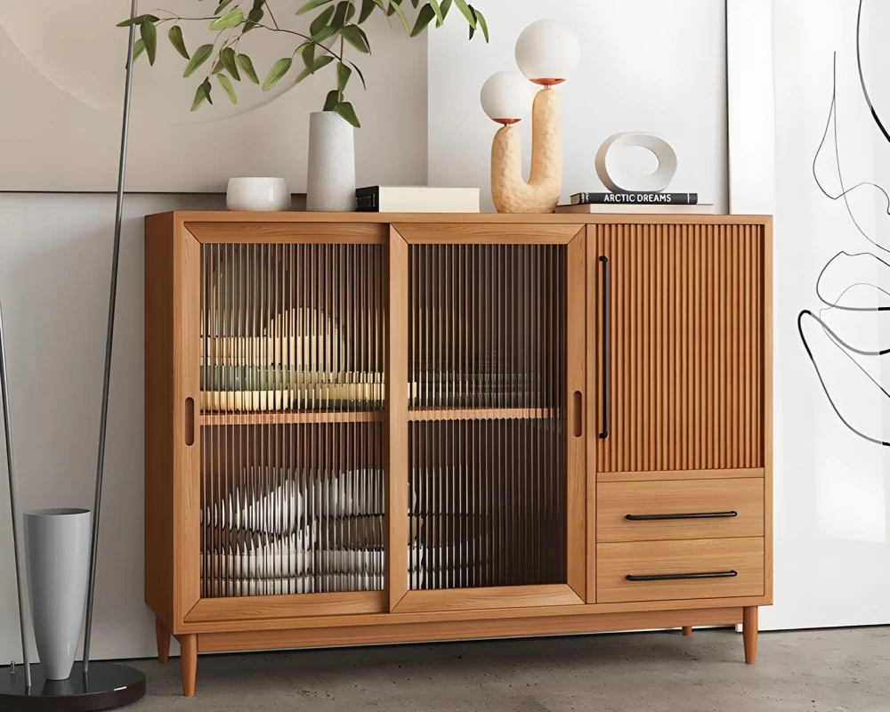 wooden sideboard with glass doors