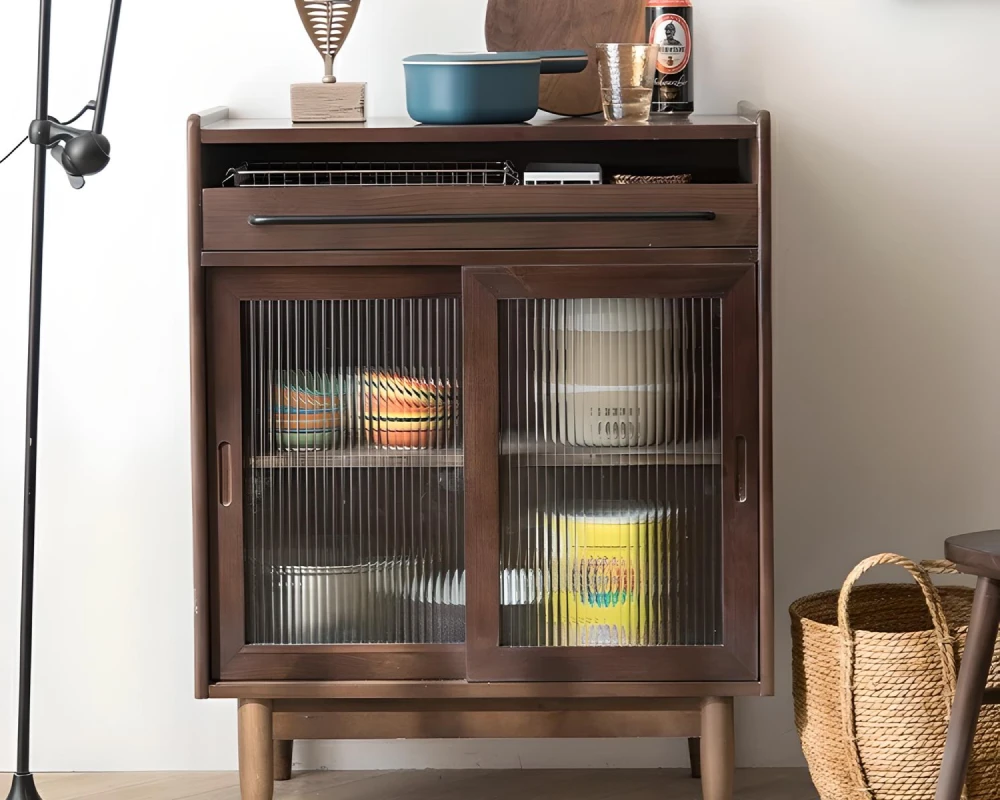 wooden sideboard with glass doors